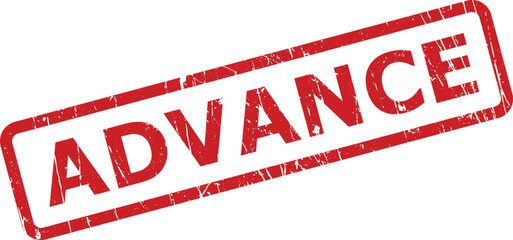 Red grunge ADVANCE rubber stamp with a textured appearance positioned diagonally on a clear white background