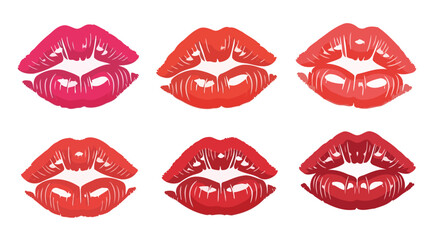 Six vibrant red and pink lipstick kiss prints on a white background.