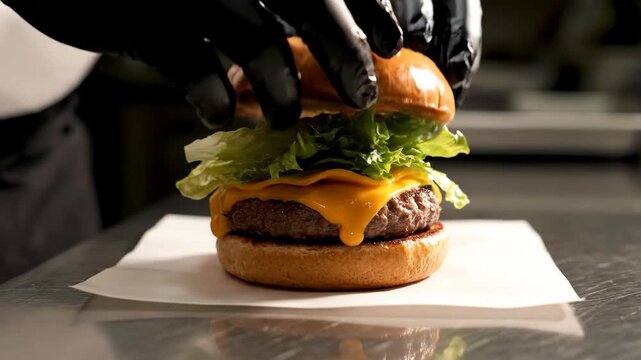 Chef's hands preparing a cheeseburger with lettuce on a stainless steel counter in a kitchen