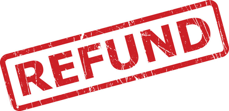 Red grunge refund text written inside a rectangular rubber stamp frame on a white surface