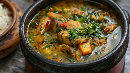 Vibrant chicken and vegetable soup shows glistening broth texture in a dark ceramic bowl.
