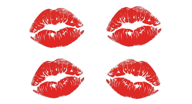 Four vibrant red lipstick kiss marks on a white background.