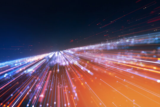 ibrant motion blur of bright light trails creates a fast energy burst along the highway traffic at night, featuring a colorful abstract design for communication technology transformation concept