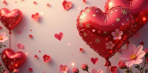 Colorful red and gold heart balloons filled with flowers , flowers, hearts