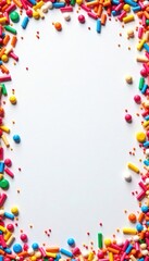 Colorful sprinkles border on a white background with small objects in the center , holiday theme, desserts