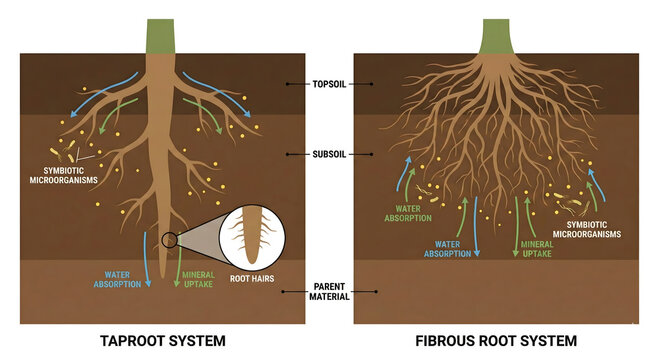 Plant Root Systems: An illustrative depiction of plant root systems showcases the intricate underground networks essential for life, with detailed diagrams of taproot and fibrous root structures.