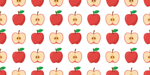 Obraz premium Cute Apple Pattern with Whole and Sliced Fruits Repeating Vector Background