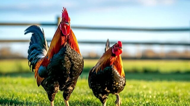 A magnificent rooster with vibrant plumage stands proudly in a lush green pasture, illuminated by warm morning sunlight. Another rooster forages in the grass nearby in this idyllic farm scene. This fo