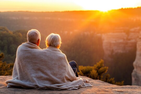 Elderly couple enjoying a peaceful sunset wrapped in warm blankets on a hill