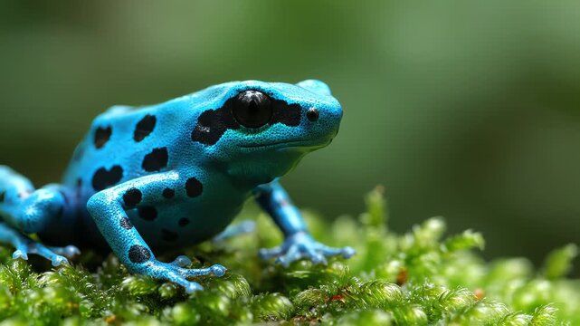 Vibrant blue poison dart frog resting on green rainforest moss.