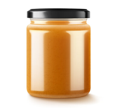 Jar with apple jam or compote isolated on white background. Homemade apple jam in a glass jar. Realistic 3d vector illustration. Mockup for your brand.