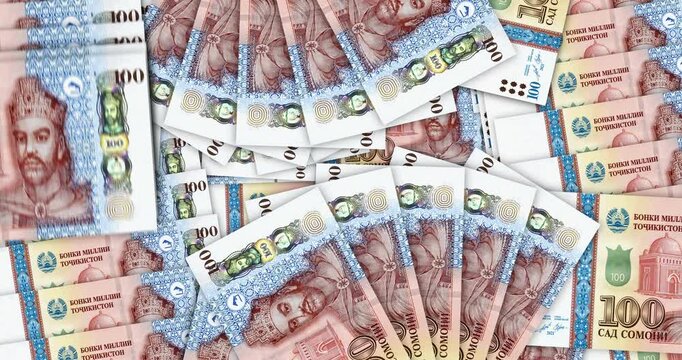 Tajikistan somoni Tajikistani money banknotes in a cash fan mosaic pattern loop. 100 TJS notes. Abstract concept of bank, finance, economy seamless and looped design background.