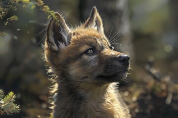 Fototapeta premium Young iberian wolf pup looking up, exploring its natural forest habitat