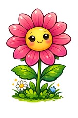 Cartoon flower with pink petals and smiley face at centre, green stem and  leaves