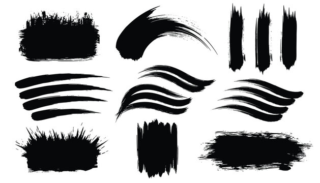 Vector illustration of twelve black brush strokes arranged in grid with varied textures shapes and artistic styles on white background