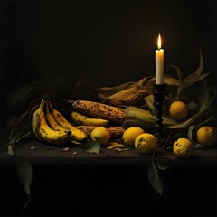 Yellow food theme with banana, corn, and lemon arrangement