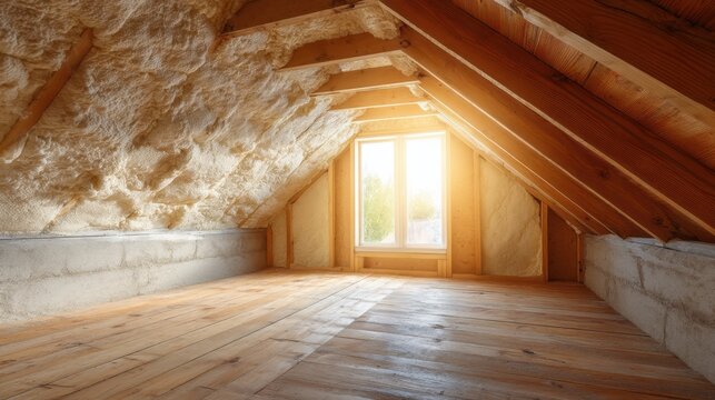 Bright empty attic room with new foam insulation and wooden floor. Unfinished renovated or constructed home interior space.