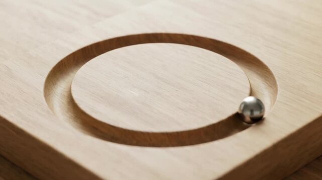 Steel ball rolling in circular wooden groove on board, minimalist physics concept for motion balance and focus