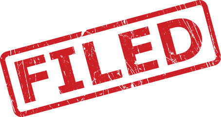 Red rectangular rubber stamp displaying the word FILED in capital letters on a clear white surface