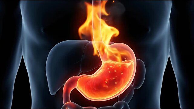 3d rendering of human stomach and esophagus with burning acid reflux symptom, suitable for medical presentations, health articles, pharmaceutical advertising, and patient education material.