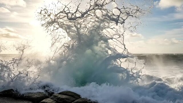 A massive ocean wave explodes against a rocky shoreline in a spectacular display of nature's power. Backlit by the bright sun, the turbulent water creates an intricate, abstract pattern of spray and f