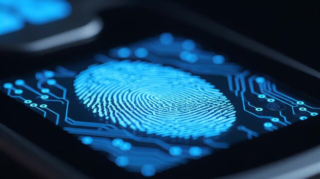 High-tech biometric fingerprint scan authentication accessing secure digital device