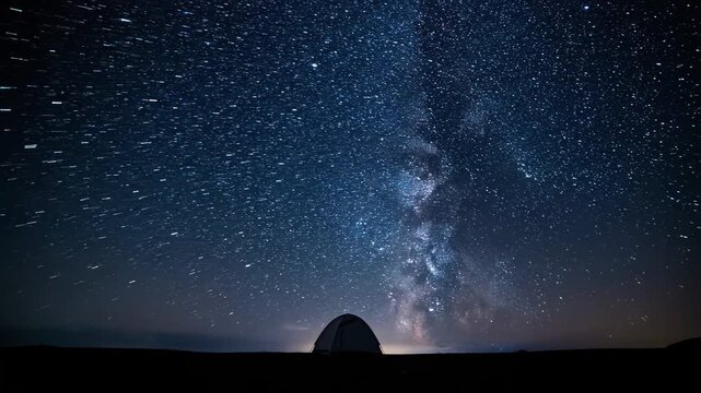 Bright Milky Way and starry sky time-lapse over lonely camping tent.