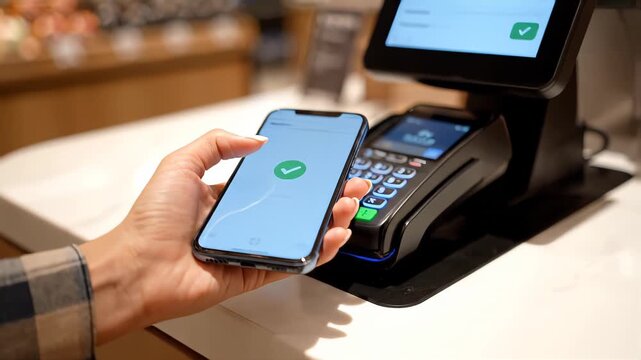 Woman making secure contactless payment using smartphone at modern POS terminal.