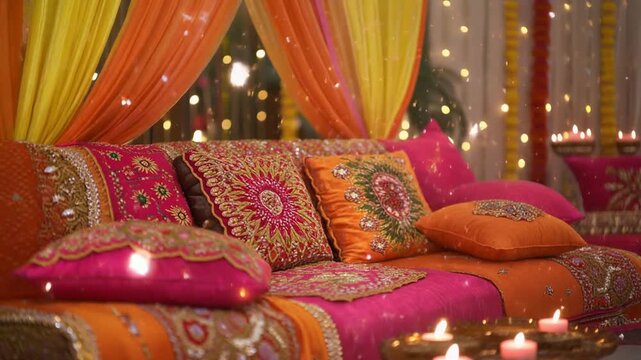 Luxury Indian Wedding Decor Seating Area Bright Colors