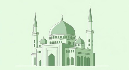 Fototapeta premium Green mosque illustration with domes and minarets.