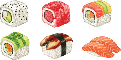 Assorted Sushi Rolls and Nigiri Set with Salmon Tuna Avocado and Sesame Vector Illustration Collection © MDTAREK