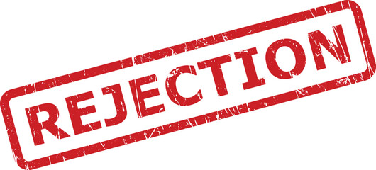 Red textured rubber stamp clearly showing the word REJECTION against a simple white backdrop
