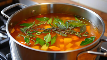 Homemade vegetable broth simmering in stainless pot, gas stove cooking, leftover scraps stock, zero-waste culinary practice, healthy vegetarian nutrition, sustainable cooking closeup, food