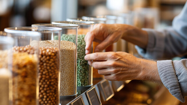 Faceless mature hands selecting dry goods from transparent glass dispensers, bulk food shopping experience, plastic-free grocery store, sustainable consumer habits, organic ingredients,