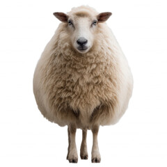 Fototapeta premium A fluffy sheep stands, woolly and serene, on black background.