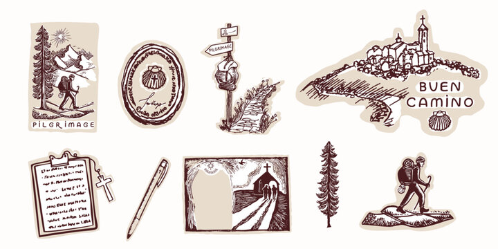 Single pilgrim man figure with backpack, pilgrims shell, journaling stick hiker. Hand drawn isolated black and white vector motif for European camino pilgrimage. Spain or Camino Ingles Canterbury way