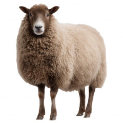 Fototapeta premium A brown sheep with a fluffy coat isolated on a black background.