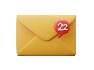 Yellow envelope with notification bubble showing 22 unread messages isolated on transparent background
