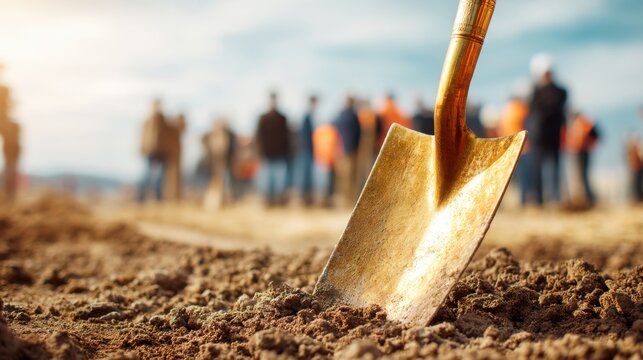 Golden shovel in dirt in front of blurred people. Groundbreaking ceremony for a new construction project. Investment and development consept.