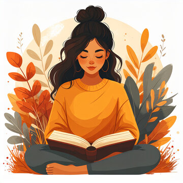 Young woman reader mindful female reader clipart positive lifestyle element modern flat cozy autumn scene serene expression peaceful concentration