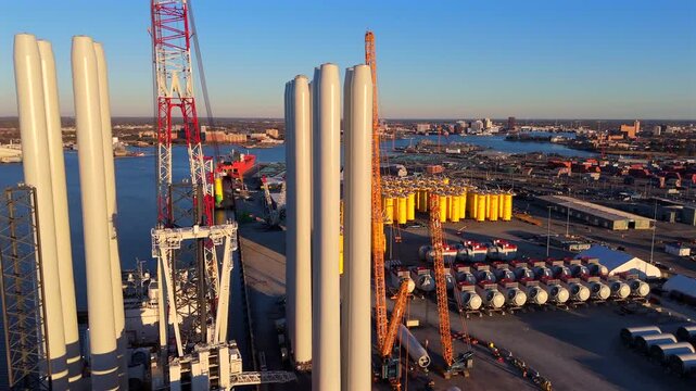 Portside view of wind turbine components with jack-up vessel and cranes