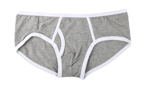 Gray men's briefs (underpants) with white piping, isolated on white background.