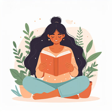 Firefly female reader clipart serene woman reading book in slow lifestyle flat illustration cozy indoor plant scene