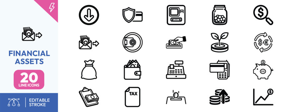 Financial Assets Icons Set Illustration.