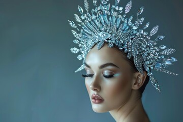 Fototapeta premium Studio portrait of a model wearing a sparkling crystal crown, her eyes closed, conveying elegance and sophistication