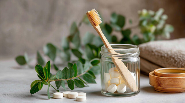 Glass jar with toothpaste tablets, bamboo toothbrush, zero waste oral care routine, plastic-free dental hygiene, sustainable bathroom practice, eco-friendly tooth cleaning, minimalist