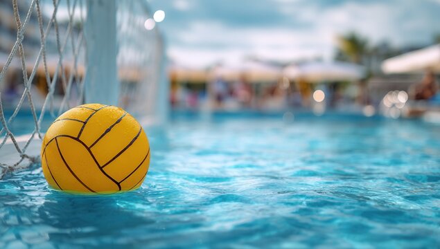 Water polo ball rests near goal in swimming pool during sunny afternoon with people enjoying leisure activities