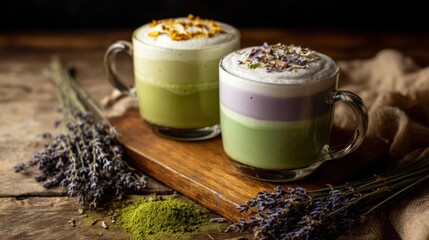 Two colorful matcha lattes with foam on a wooden board. Healthy trendy warm drinks for wellness cafe menu.