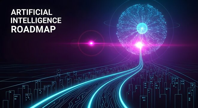 Artificial intelligence roadmap with glowing purple and blue lines on dark background with cityscape