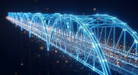 Obraz premium Glowing blue bridge with bright lights on dark background with bokeh effect